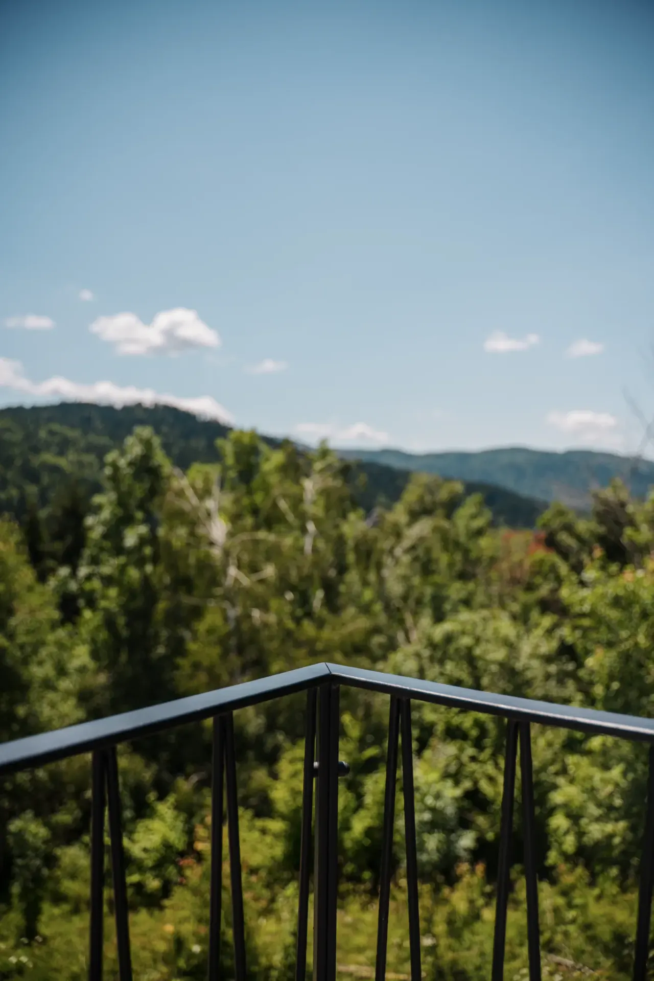 Layered wooded ridges rolling into the distance beyond the terrace
